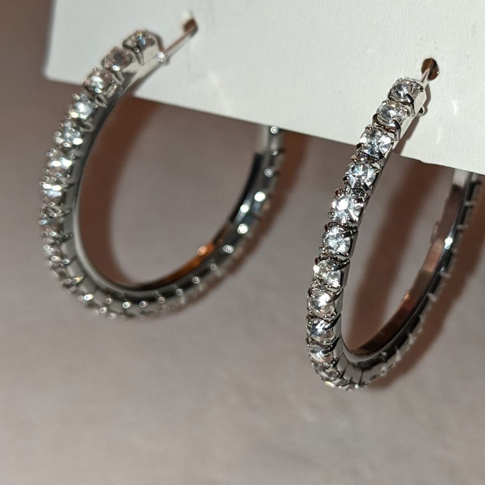 Silver Rhinestone Hoop Earrings Medium - Picture 2 of 8